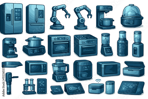 Various kitchen appliances and gadgets arranged in a modern design showcasing domestic convenience and technology