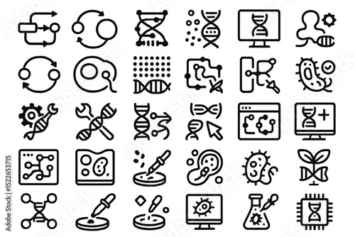 Biological research icons illustrating various scientific concepts and processes in modern laboratories