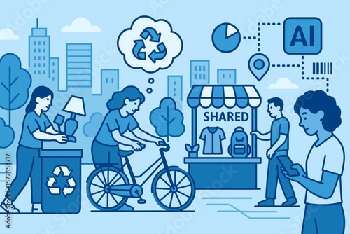 Community engagement fosters sustainable living through recycling, sharing economy, and smart technology initiatives in urban setting