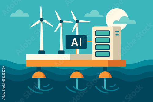 Modern floating wind farm with artificial intelligence technology on calm ocean waters during the day