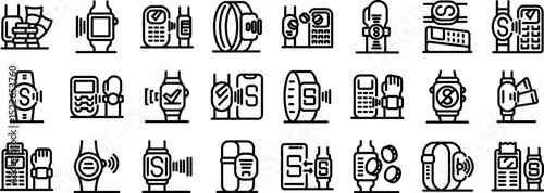 Smartwatch nfc payment icons set. Nfc technology enables contactless communication between devices, facilitating payments, data exchange, and access control