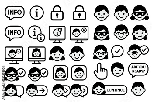 Visual icons representing information, security, and user interaction in a digital environment for educational content