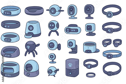 Various pet technology devices showcased in a colorful arrangement on a light background