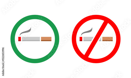 Green smoking area and red no smoking area cigarette circle sign icon flat vector design