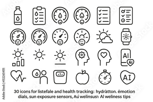 Icons for health tracking and wellness tips featuring hydration, emotion monitoring, and sun exposure sensors