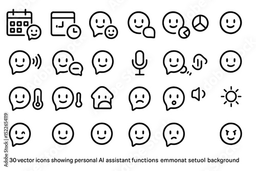 Vector icons illustrating various personal AI assistant functions displayed on a white background with neutral tones