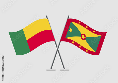 Benin and Frenada vector flags drawing in flat national motif