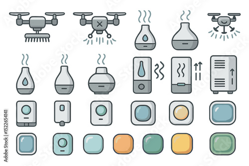 Different types of drones and home appliances designed for air quality, temperature regulation, and home automation