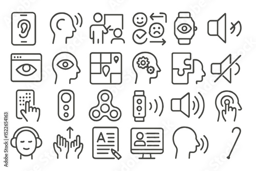 Icons representing various senses, communication, and technology in a modern design