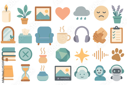 Icons representing relaxation, self-care, and mindfulness activities for promoting well-being and calm environments