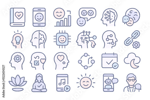 Illustration of various icons representing mental health, technology, and wellness concepts in a modern graphic design