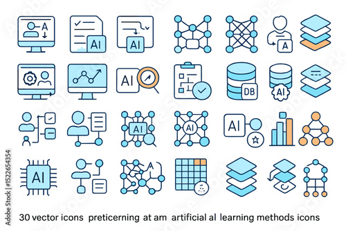 Vector icons showcasing concepts of artificial intelligence and machine learning in a modern design for educational purposes