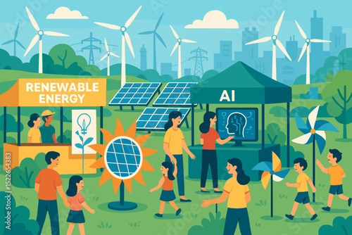 Community event showcases renewable energy and artificial intelligence innovations in a vibrant outdoor setting
