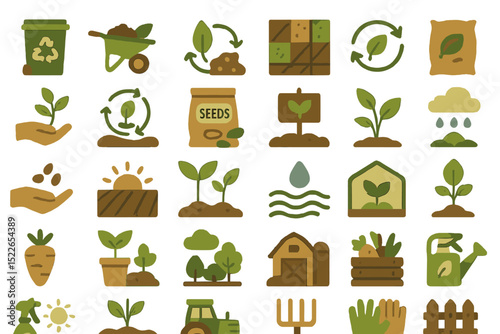 Illustrations of gardening and plant growth activities for sustainable agriculture and environmental awareness