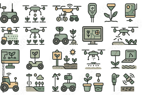 Various agricultural technology illustrations featuring drones, tractors, and plants in a modern farming context
