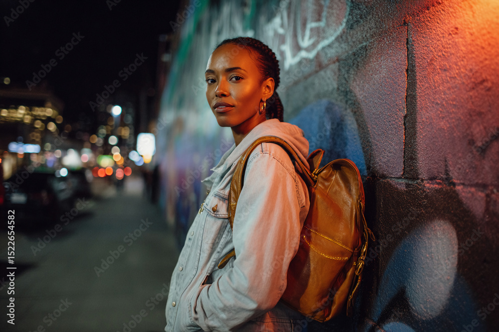 Obraz premium Modern Cinematic Portrait of a Confident Female Hipster with Stylish Look and Urban Vibes