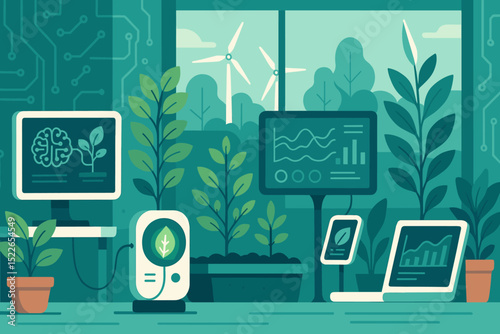 Digital garden showcasing technology and nature integration with plants, monitors, and wind turbines in a modern workspace