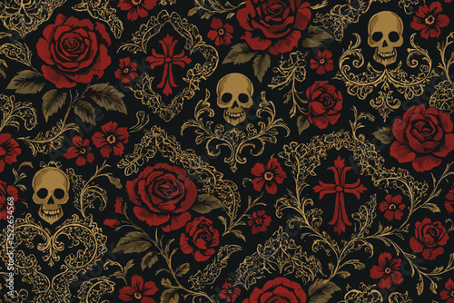 Decorative black fabric pattern featuring red roses, skulls, and ornate floral designs with a gothic aesthetic