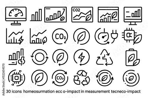 Icons representing environmental impact metrics for sustainability monitoring in various contexts and applications