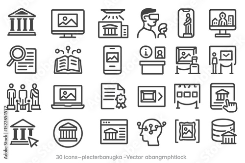 Various educational and cultural icons representing institutions, digital media, and interactive learning activities