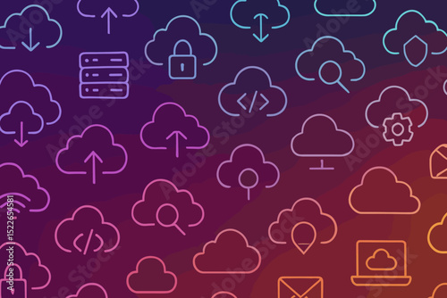 Colorful cloud computing pattern with various technology icons displaying data transfer and security concepts