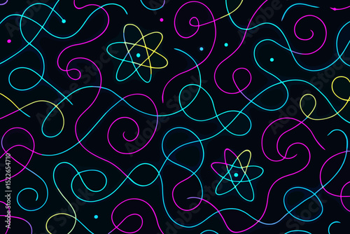 Colorful abstract design featuring swirling lines and atomic symbols on a dark background
