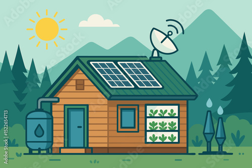 Eco-friendly home with solar panels and satellite dish in a mountainous landscape on a sunny day