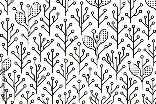 Intricate black line pattern showcasing delicate branches and leaves on a white background