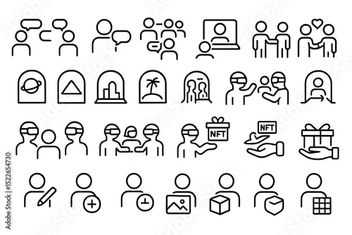 Various simple line icons representing social interactions, online communication, and digital transactions in a modern context