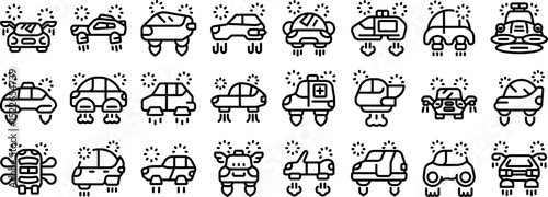 Flying car icons set. Diverse collection of futuristic flying car icons showcasing innovative transportation concepts with sleek designs and advanced technology