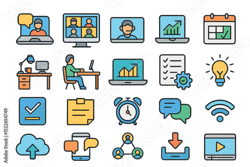 Colorful digital icons depicting online learning, remote work, and productivity tools in a modern workspace setting