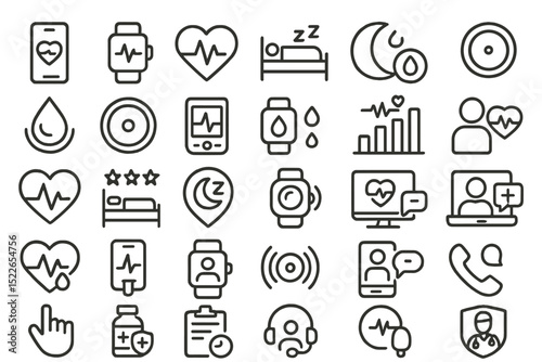 Collection of health and wellness icons depicting various activities and monitoring devices for personal health management