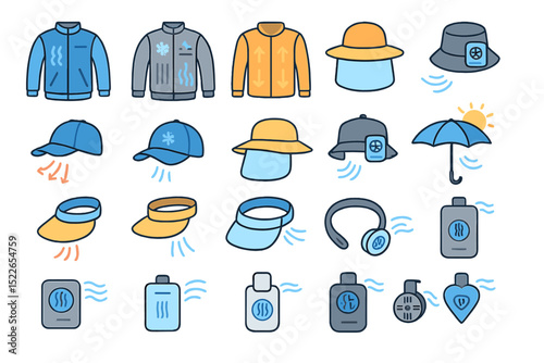 Diverse collection of outdoor gear featuring hats, jackets, and accessories for sunny weather and activities