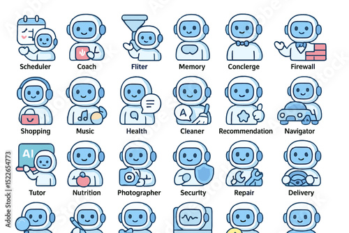 Various chatbot icons representing different functions and services in a modern digital environment