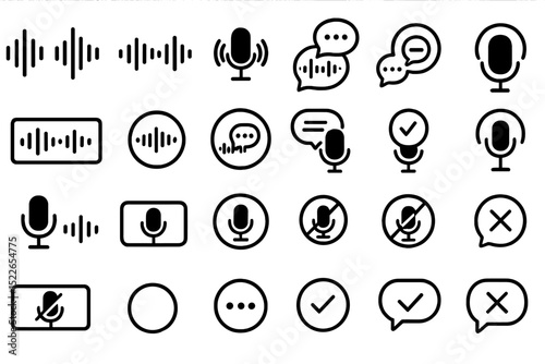 Collection of diverse audio and voice recording icons featuring microphones and sound waves in a minimalist design
