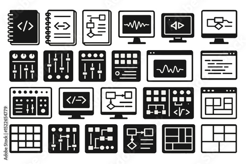 Collection of black and white icons representing programming, coding, and web design concepts in a grid layout