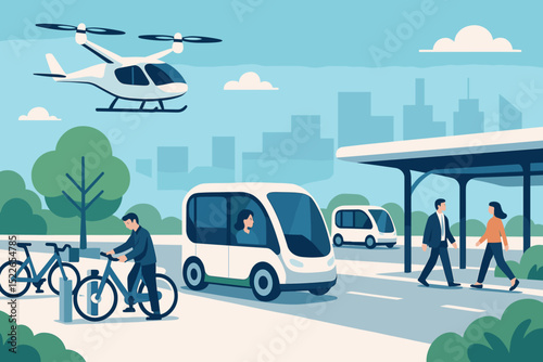 Urban transportation hub showcases diverse travel options with electric vehicles and air taxis in a bustling city setting