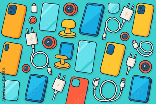 Colorful smartphone accessories and devices arranged in a vibrant pattern on a teal background creating a modern tech aesthetic
