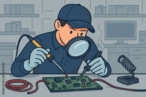 Technician repairing circuit board in workshop with soldering tools and magnifying glass