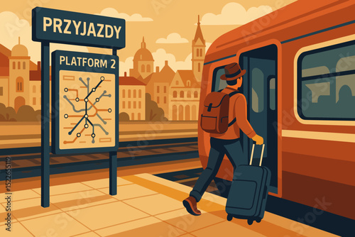 A traveler with a suitcase walks towards a train at a station with a transit map.