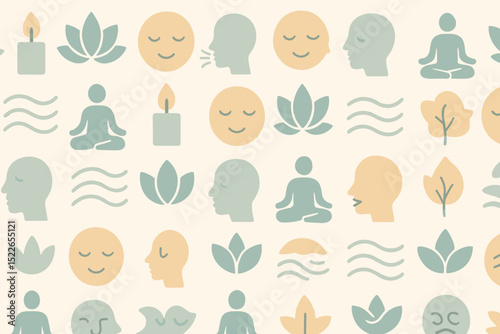 Abstract patterns featuring meditation, nature, and mindfulness elements in soothing colors