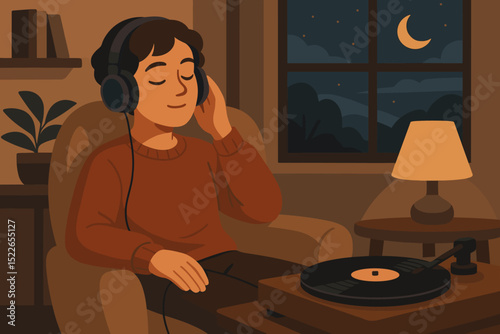 Relaxing evening with vinyl music in cozy room under moonlight