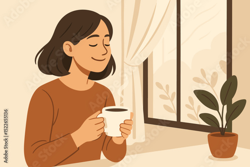 Relaxing morning moment with coffee by the window in a cozy indoor setting