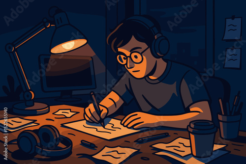 Nighttime study session with a focused student writing at a cluttered desk