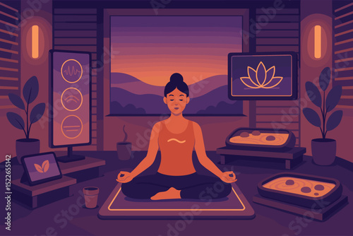 Wellness space with meditating woman at sunset surrounded by nature and calming technology