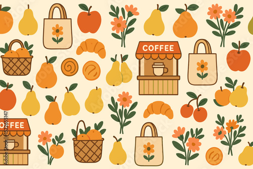 Vibrant market scene showcasing fresh produce and a cozy coffee stall with decorative elements