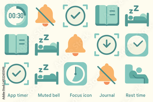 Timer and relaxation app icons designed for enhancing sleep and mindfulness practices