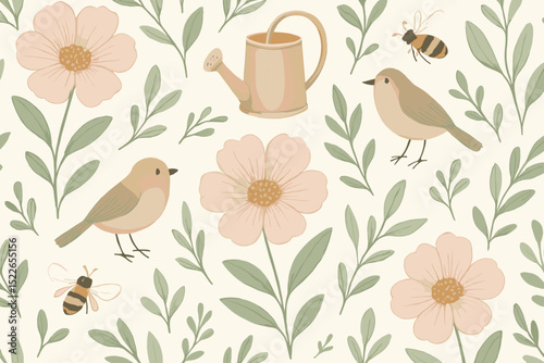 Colorful floral pattern with birds, bees, and a watering can in a serene spring garden