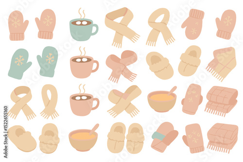 Cozy winter essentials including mittens, drinks, and warm accessories for a comfortable season