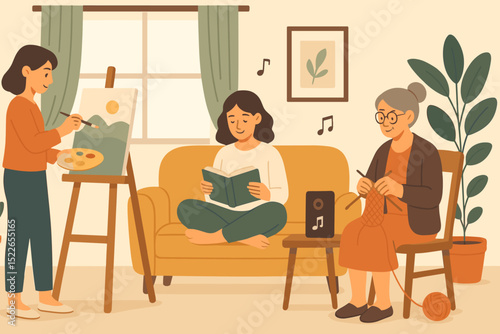 Creative afternoon in a cozy living room with family members engaged in various activities